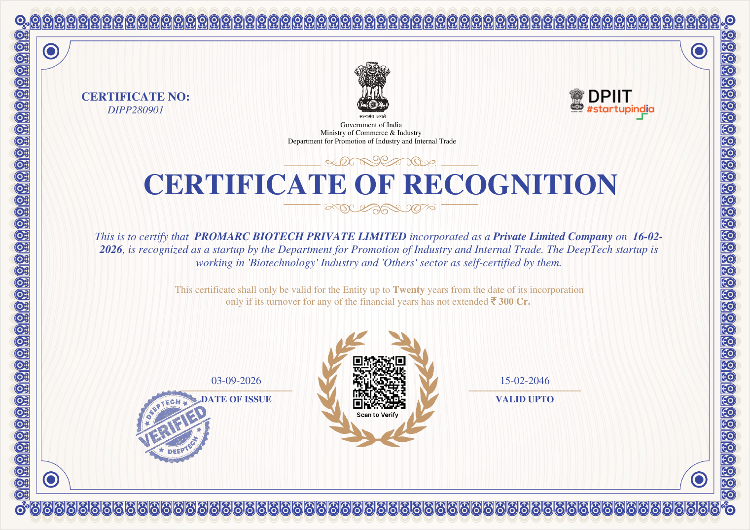 DPIIT Certificate of Recognition for Promarc Biotech Private Limited